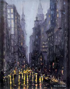 Robert Waltsak (NJ,b 1944) oil painting: ARTIST: Robert Alan Waltsak (New Jersey, born 1944) TITLE: Night Manhattan Cityscape MEDIUM: oil on canvas CONDITION: Very good. No visible inpaint under UV light. ART SIZE: 20 x 16 inches / 50 x 40 c