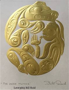 Bill Reid Canada Mother Bear Order of Canada Recipient: Bill Reid Canada / Haida B: 1920 D: 1998. Entitled - Mother Bear. Signed in the bottom right corner. Embossed gold colour on paper. This piece is part of the Canadian Art Card Series. Bill Reid (1920-