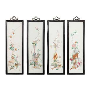 A set of four Chinese famille rose plaques, late 19th century: A set of four Chinese famille rose plaques late 19th century Each with a various floral scene; framed. (4). H: 28 1/2, W: 7 5/8 in. H: 72.39, W: 19.37 cm. (plaque, each) Provenance: Private collection