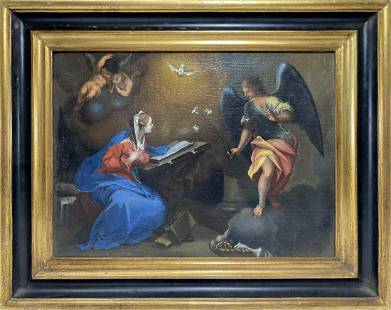 17th C, Spain, The Announcement Oil on Canvas Painting: 17th C, Spain, The Announcement Oil on Canvas Painting. Size: 12 3/4 x 16 in with frame. 9 1/2 x 12 5/8 in without frame. TO SHIP THIS ITEM IN USA OR INTERNATIONAL, PLEASE CONTACT THE SHIPPERS : 1) UP