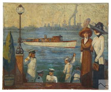 Art Deco Oil Painting From The Chanin Building NYC: Mystery Artist (American, fl. early 20th Century). An original Art Deco mural illustration painting on panel. Depicting a New York Harbor maritime scene with Naval officer, sailors, additional elegant