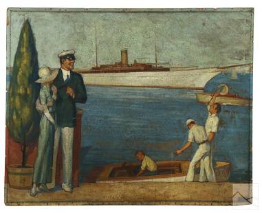 Art Deco Oil Painting From The Chanin Building NYC: Mystery Artist (American, fl. early 20th Century). An original Art Deco mural illustration painting on panel. Depicting a New York Harbor maritime scene with Naval officer and female companion figure,