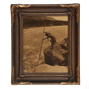 Edward S. Curtis The Fisherman Orotone Photograph: Edward S. Curtis (1868-1952) Antique photograph, titled; The Fisherman, Wisham c1909 Orotone. Featuring a Native American Indian fishing off a rock. Plate signed on image bottom right. Retains an orig