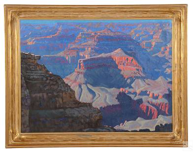 Carlos Hall 1928-1997 Western Landscape Painting: Carlos Hall (New Mexico / American, 1928-1997). An original oil painting on canvas. A western Grand Canyon landscape executed in rich blues, purples, corals, browns and grays. Signed lower right CARLO