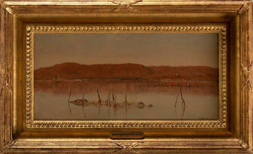 Hudson River Oil by Worthington Whittredge (American, 1820-1910): Shad Nets on the Hudson, Autumn oil on board signed l.r. 6.5 x 14 inches (sight) 18.75 x 11.5 inches (frame) Provenance: Private Cincinnati Collection Hirschl &Adler Galleries 67th street New York. Ha