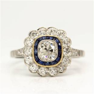Art Deco Inspired Platinum Diamond and French cut Sapphire Ring: Title: Art Deco Inspired Platinum Diamond and French cut Sapphire Ring Additional Information: Art Deco Inspired Platinum Diamond and French cut Sapphire Ring Description June Finger The June ring is