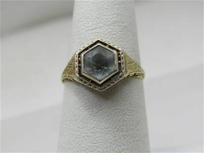 14kt Art Deco Aquamarine Engagement Ring, Sz. 6.5: 14kt Art Deco Aquamarine Engagement Ring, Sz. 6.5. 14kt White gold. Art Deco, age appx. 1920's. This is a six-sided pale blue aquamarine stone, bezel-set. It is appx. 1 CTW, slightly over. It is appx.