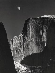 ANSEL ADAMS - Moon and Half Dome, Yosemite, 1960: Artist: ANSEL ADAMS Print Title: Moon and Half Dome, Yosemite, 1960 Medium: Photolithograph Printed 1970’s in the US Image Size: approx. 11 x 9” Ansel Easton Adams (1902 – 1984),was