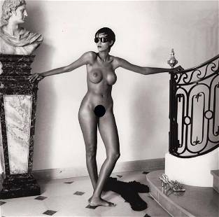 HELMUT NEWTON - Iman, Monte Carlo, 1989: Artist: HELMUT NEWTON Print Title: Iman, Monte Carlo, 1989 Medium: Duotone Photolithograph Printed in Italy, 2010s Image size (inches) approx. 9.5 x 9.5” Helmut Newton (1920-2004) was a German-