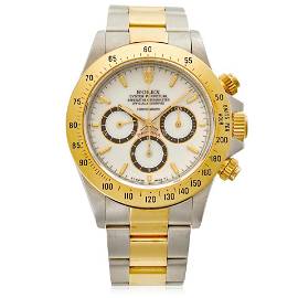 ROLEX. A RARE 18K GOLD AND STAINLESS-STEEL AUTOMATIC CHRONOGRAPH BRACELET WATCH WITH 'PORCELAIN ...
