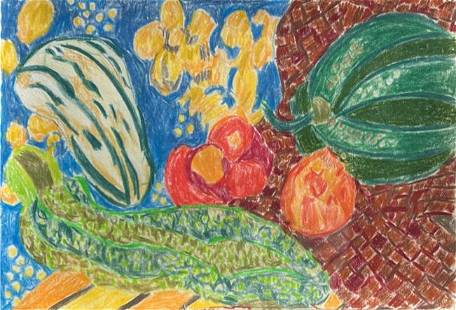 Lynne Mapp Drexler (Maine, 1928 - 1999): Lynne Mapp Drexler (Maine, 928 - 1999) Oil/Crayon on paper painting of produce. Signed and dated 1988 verso. Provenance: Estate of the Artist, Private California collection. Sight Size: 6 x 9 in.