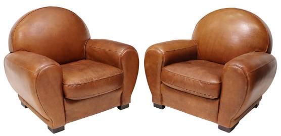 (2) ART DECO STYLE TAN LEATHER CLUB ARMCHAIRS
