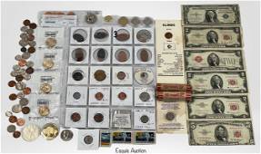 US Coins, Notes & Tokens- Wheat Penny Rolls, Error: Lot of US Coins & Tokens- Peeny Rolls, Errors, Silver Certificates, Two Dollar Bills,